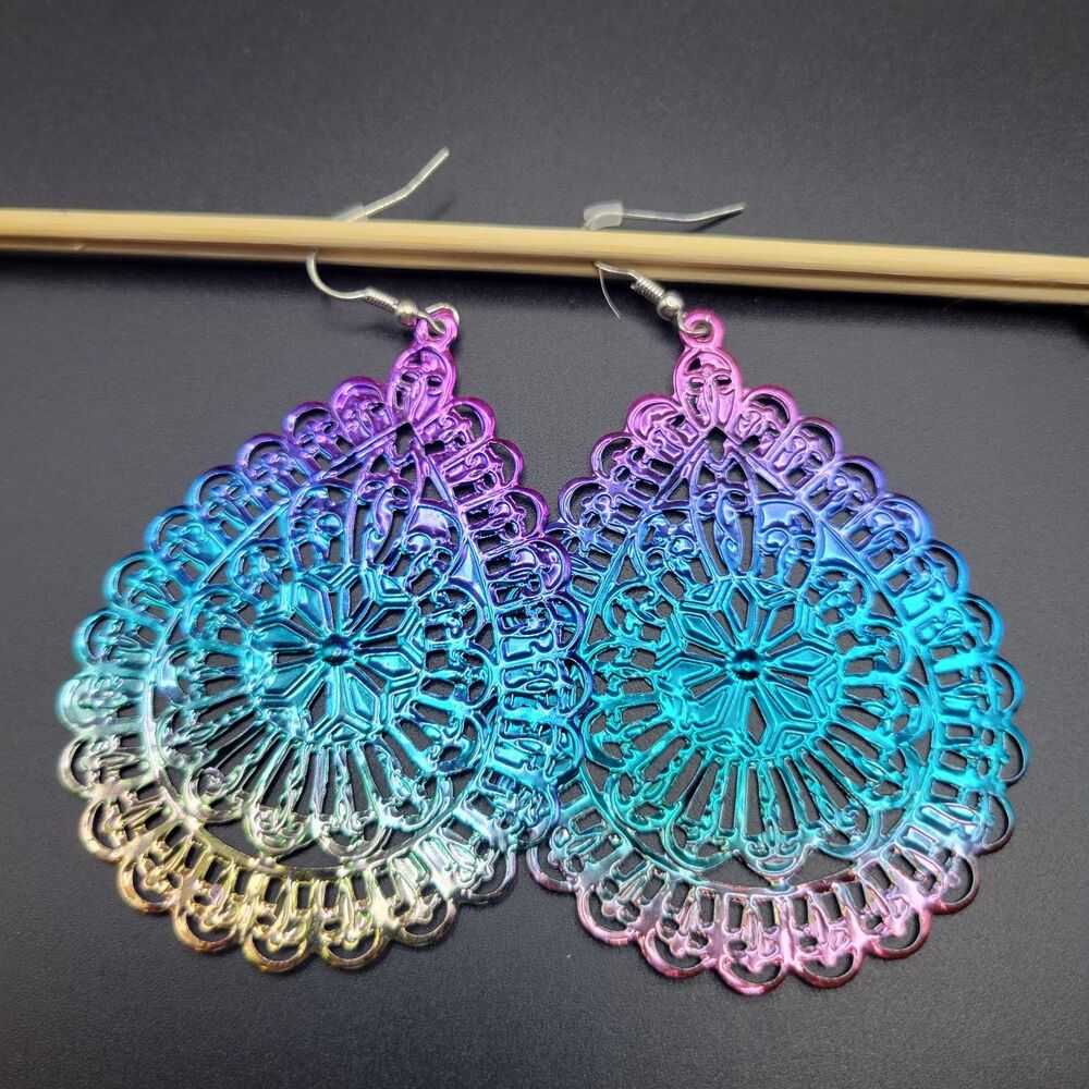 Large Filigree Teardrop Women Rainbow Multicolor Stainless Steel Dangle Earrings